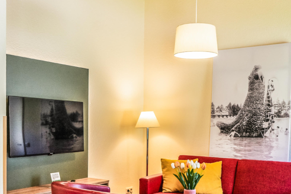 ferienhaus-wohnzimmer-medienecke-trixi-park-zittauer-gebirge-typ-b gemuetliches Wohnzimmer im Ferienhaus mit Couch und Sessel und TV