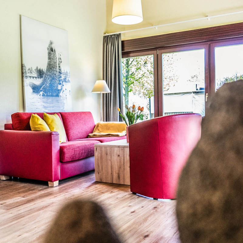 Wohnzimmer Ferienhaus mit Couch und Sessel im Trixi Park Zittauer Gebirge
